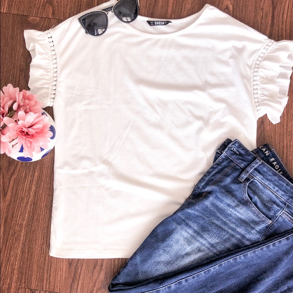 White SheIn embroidered sleeve Top